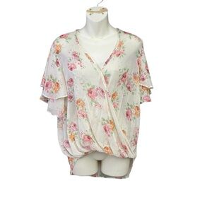 ADORA Cream and Orange Floral Top size small but oversized sheer V neck